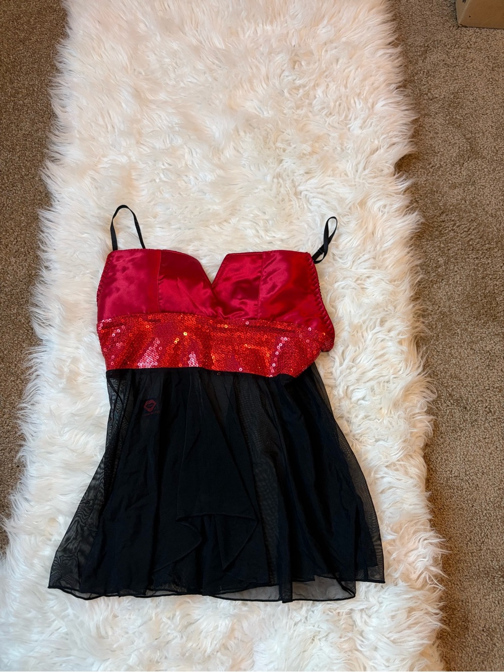 Red Black Sequin Satin Bustier Mesh Babydoll Dress